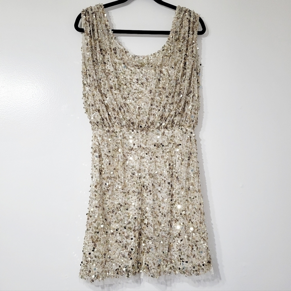Aidan Mattox Gold & Champagne Sequin Beaded Sleeveless Mini Dress Size 8 - Picture 3 of 11